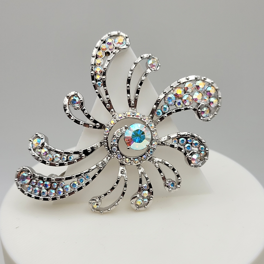 Butler Signed Vintage AB Aurora Borealis Rhinestone Swirl Brooch Silver Tone Pin
